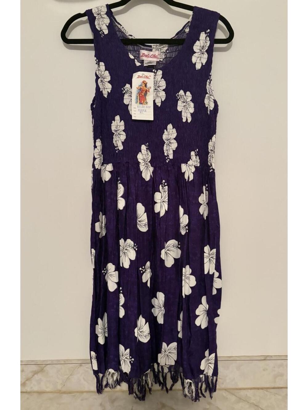 Vintage Y2K Bali Chic Boho Tropical Dress Purple Floral Smocked One Size NEW